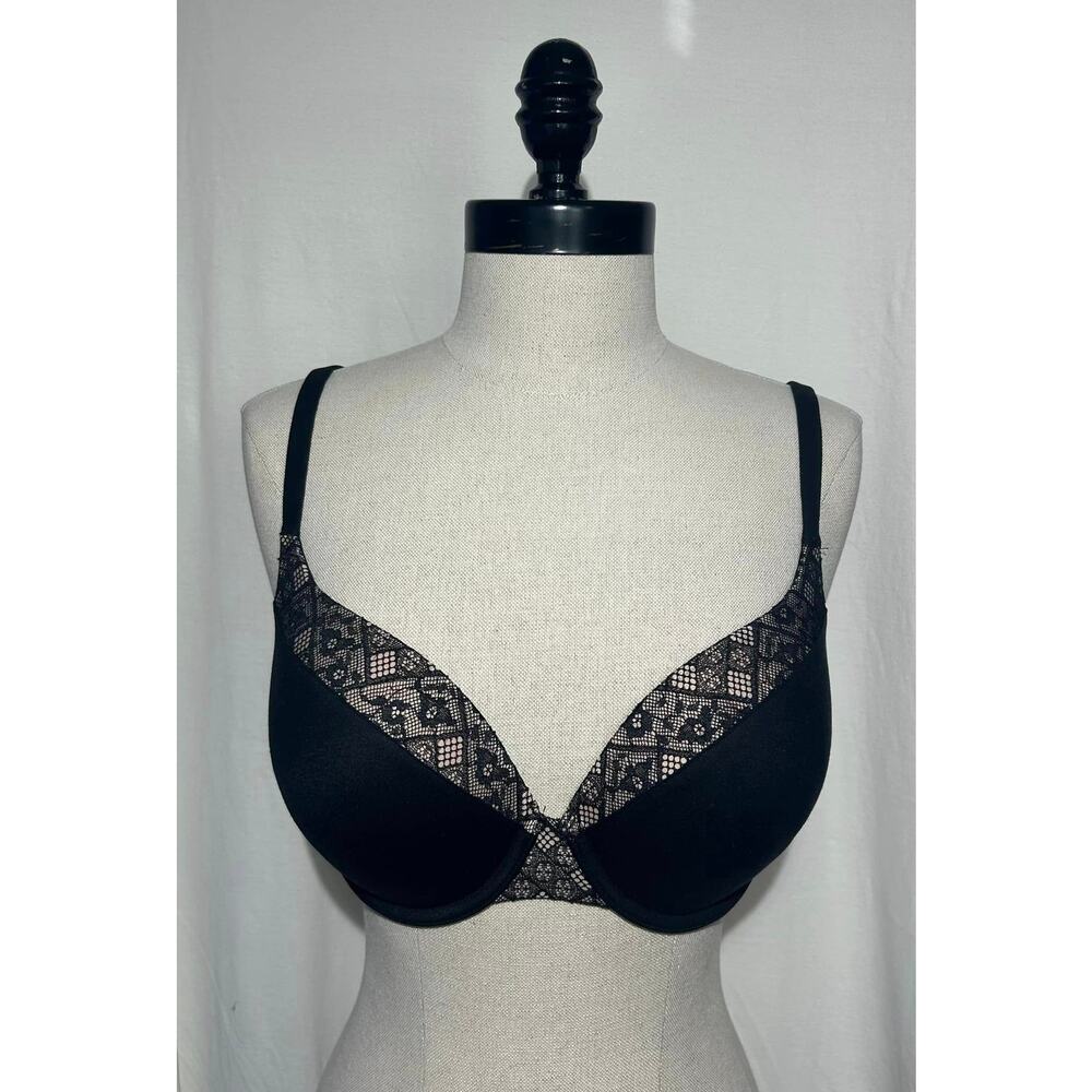 VICTORIA'S SECRET Black Floral Perfect Shape Bra Solid Opaque Womens 32DDD
